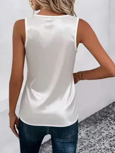 Femme débardeur sans manches satin uni haut décontracté col V style soie élégant