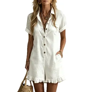 Women white short sleeve romper casual button down lapel jumpsuit pockets summer beach wear
