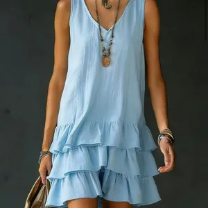 Abito corto azzurro senza maniche scollo V con volant sovrapposti stile estivo casual