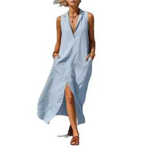 Dames mouwloos lapel split zak maxi jurk casual zomer lange linnen kleding outfit