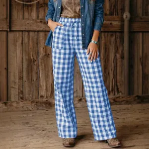 Blue and white plaid casual loose straight trousers for women, stylish vintage daily wear.