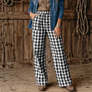 Women's black and white plaid loose casual straight long pants with drawstring waist for autumn.