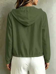 Donna top casual con cappuccio verde tinta unita maniche lunghe, giacca alla moda.