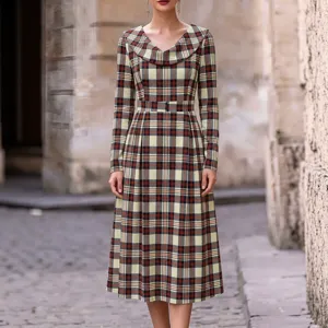 Vintage Kariertes Langarm Midikleid für Damen elegante Herbst Karo Kleid Outfit Stil