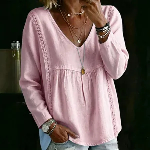 Damen Freizeit Langarm V-Ausschnitt Bluse Einfarbig Elegante Spitzenbesatz Oberteile