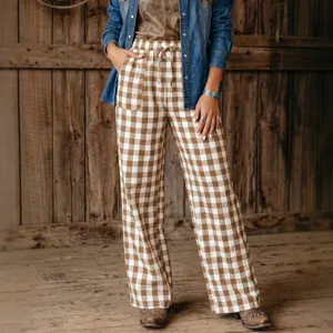 Women brown plaid casual loose wide leg trousers high waist drawstring stylish fashion pants
