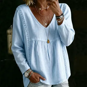 Damen Freizeit Langarm V-Ausschnitt Bluse mit Spitzenbesatz einfarbig loose fit Oberteil