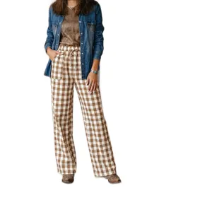 Women casual plaid loose straight trousers brown gingham pants with drawstring waist for daily wear.