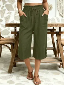 Women casual cropped pants olive green high waist cotton linen capris with side pockets.