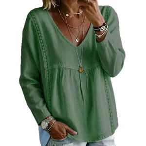 Damen Grüne V-Ausschnitt Langarm Bluse Casual Einfarbig Spitze Besatz Pullover Top