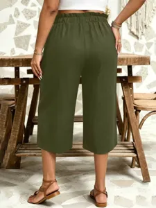 Casual women's cotton linen crop pants detail view, breathable wide leg design for summer.