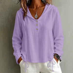 Camicia top casual da donna tinta unita con cappuccio e maniche lunghe con coulisse in basso