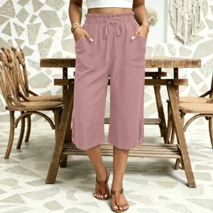 Women Casual Solid Color Loose Cropped Pants High Waist Drawstring Summer Trousers New
