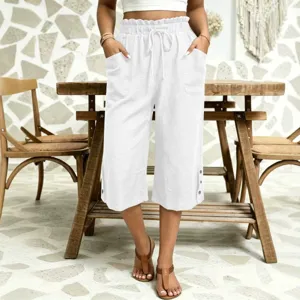 Women casual loose solid color cropped pants cotton linen high waist drawstring mid trousers
