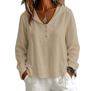 Donna camicia casual con cappuccio maniche lunghe bottoni tinta unita top coulisse regolabile
