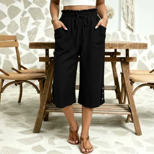 Women casual solid color loose mid pants cotton linen pockets drawstring capris main view display