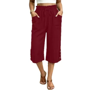 Women casual solid color loose cropped pants high waist linen trousers main view image