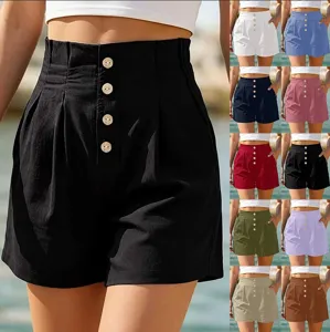Damen Casual Hohe Taille EinFarbig Shorts Sommer Strand Mode Elegant Vielseitig Knopf Kurze Hose Bequeme Alltagskleidung