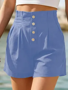Damen High Waist lässige blaue Shorts mit Knöpfen vorne, perfekt für Sommerstrand und Alltag.