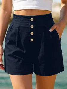 High-Waist lässige Sommer Strandshorts für Damen mit Knopfleiste und praktischen Seitentaschen.