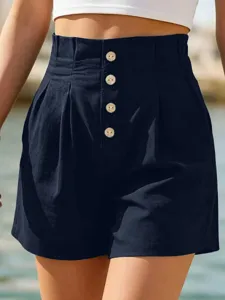 Detailansicht der High Waist Freizeithose, dunkelblaue Sommer Strand Damen Shorts.