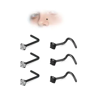 Edelstahl Nasenstecker Set Klar Schwarz Zirkonia L-förmig Schraube Piercing Schmuck