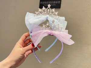 Kids princess crown bow headband with pearls and rhinestones, cute fairy hair accessories.