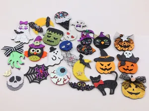 Halloween DIY craft patches set featuring cute ghosts, pumpkins, cats, and bats for decoration.