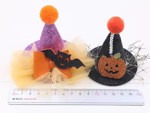 Halloween Mini Hexenhut Haarklammern Set mit Fledermaus und Kürbis für Kinder Party.