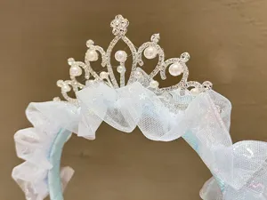 Children princess crown headband with sparkling rhinestones, pearls and light blue mesh tulle.
