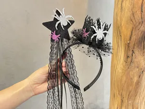 Set bacchetta magica e cerchietto corona in pizzo nero ragno di Halloween per festa.