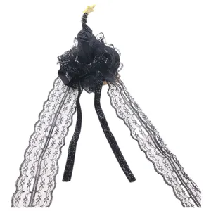 Halloween schwarze Spitzen Hexenhut Haarschmuck mit langen Bändern für Party und Kostüm.