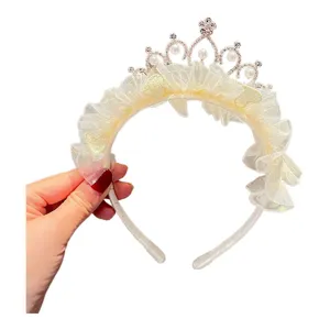 Princess kids crown headband with mesh ruffles pearls rhinestones birthday hair accessories