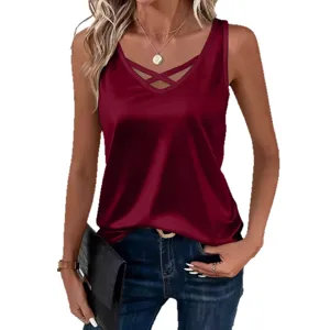 Femme haut elegant en satin col V debardeur sans manches couleur unie casual ete.