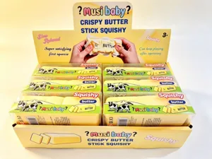 Close-up of retail display box filled with individually packaged butter stick squishy toys.