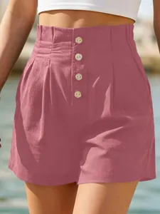 Damen High Waist Freizeit Shorts in Rosa mit Knopfleiste und Falten für den Sommer.