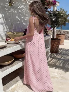 Women pink polka dot backless spaghetti strap maxi dress summer beach loungewear detail view