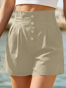 Damen hohe Taille Freizeit Shorts Sommer Strand Mode einfarbig Knopfverschluss Bekleidung.