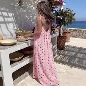 Women Pink Heart Print Backless Strap Maxi Dress Summer Beach Holiday Loungewear