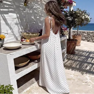Women Summer Casual Polka Dot Backless Long Dress Beach Spaghetti Strap Sundress New