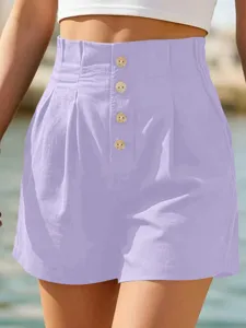 Damen hohe Taille plissierte Freizeitshorts mit Holzknöpfen Sommer Strand Mode Stil