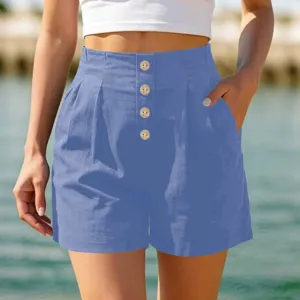 Damen hohe Taille Freizeit Shorts Sommer Strand Mode elegante Knöpfe einfarbige Hosen