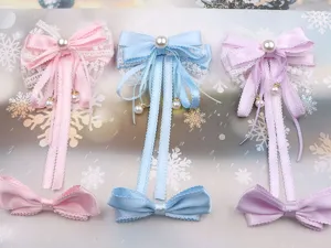 Dulce juego de pinzas para el cabello con lazo Lolita japonés con perlas y cintas largas.