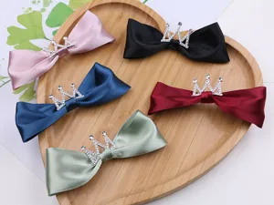 Satin bow hair clips set with rhinestone crown detail, cute girl hair accessories multi-color