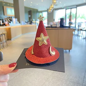 Halloween rote Glitzer Hexenhut Haarklammer mit goldenem Stern Mond Dekor f. Party