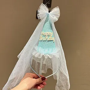 Kids birthday headband with mesh veil blue cone party hair hoop for girls festival.