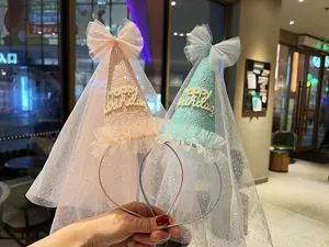 Kids birthday party mesh hair hoop with cone hat and veil, sweet princess accessory.
