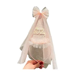 Kids Birthday Party Hair Hoop Pink Mesh Cone Hat Bow Princess Cute Hair Accessories
