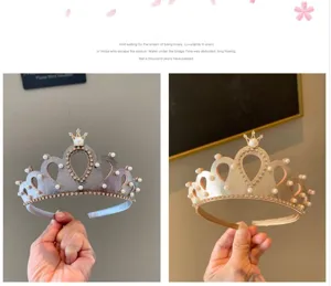 Kids princess crown headband with pearls and rhinestones, perfect for birthday party hair decor.