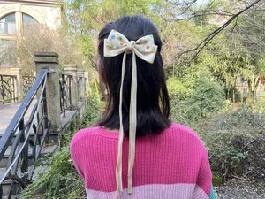 Kids cream white polka dot hair bow with long ribbon cute sweet hair clip for girls accessory